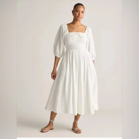 Quince 100% Organic Cotton Gauze Smocked Square Neck Midi Dress Sz Sm White NEW - Picture 1 of 4